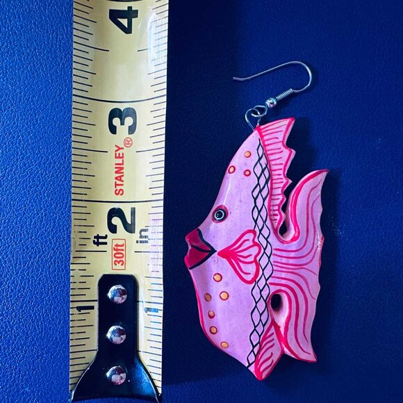 Don't Swim With the Fishes, Wear Them! Big Pink Fish Wood Earrings. - Picture 5 of 5